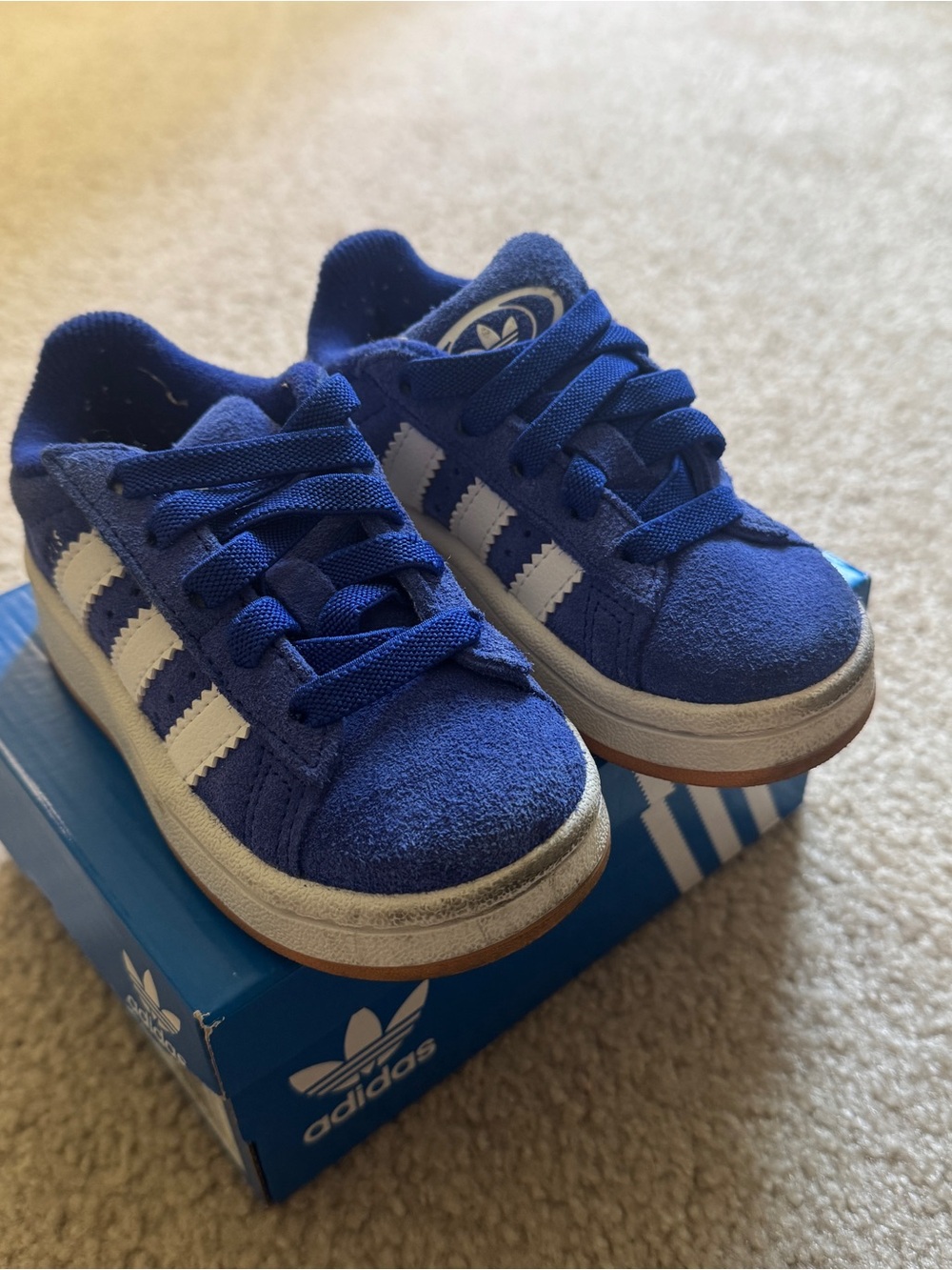 adidas Kids Royal Blue Suede Sneakers with White Stripes